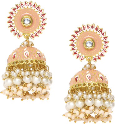 Oomph Peach Meenakari Floral Large Jhumka Earrings - Kundan & Pearls Studded Beads, Crystal Alloy Jhumki Earring