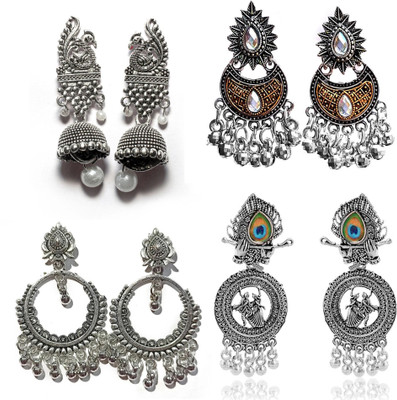 Jhumka Street Pack of 4 Oxidized Silver Jhumka Earrings for Women & Girls Alloy Drops & Danglers