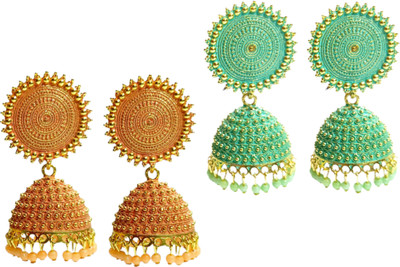 house of common Combo Of 2 Party/Festive/Occasion Wear Orange & Green Jhumka Earrings Set Beads Metal, Alloy Jhumki Earring, Earring Set