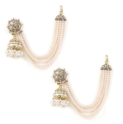 SIZZLE JEWELS Elegant Kundan & Pearl Earrings with Multi-Layered Side Chains Cubic Zirconia Brass Drops & Danglers, Chandbali Earring, Earring Set