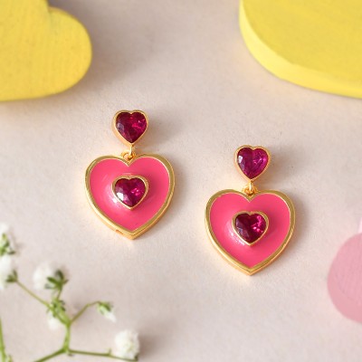 Voylla Valentine's Day Pink Heart Drop Earrings Brass Drops & Danglers