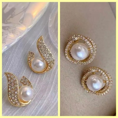 TRENDINSTA combo korean white pearl gold plated earrings Pearl Alloy Stud Earring