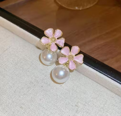 RV YUWON Pink Color Flower Pearl Drop Earrings Cubic Zirconia Alloy Stud Earring, Drops & Danglers