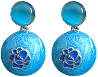 ACCESSHER Silver-Tone Sky Blue Earrings with Blue Floral Detail for Women Alloy Stud Earring