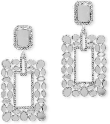 fabula Silver Tone Mirror Kundan Rectangle Wedding Reception Ethnic Large Drop Beads, Crystal Alloy Drops & Danglers