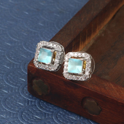 Jewar Mandi Earrings Silver Plated Square Tops Ad Cz Multi-Color Stones Boxy Design Stud Cubic Zirconia, Crystal Brass Stud Earring