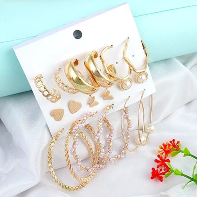 Karishma Kreations Combo Of 9 Lavish Gold Plated Pearl Hoop and Butterfly Heart Stud Earrings Combo Cubic Zirconia, Crystal, Pearl Brass, Crystal, Copper, Alloy Hoop Earring, Clip-on Earring, Drops & Danglers, Huggie Earring, Earring Set