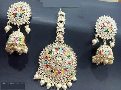 Aditya Fashion Traditional Maangtikka Earring Set, MultiColor Floral Design with Pearl Drops Metal Chandbali Earring, Jhumki Earring
