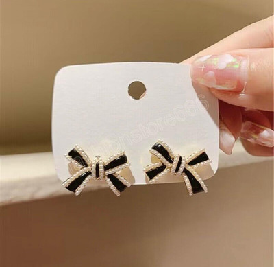 Chic Aura Crystal Bow Stud Earrings Set, Pearl Rhinestone Trim, Black And White Alloy Stud Earring