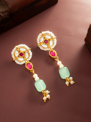 Vermont Gold-Plated Chandbali Earrings with Pearls, Red & Green Gemstones Beads, Pearl Brass Chandbali Earring