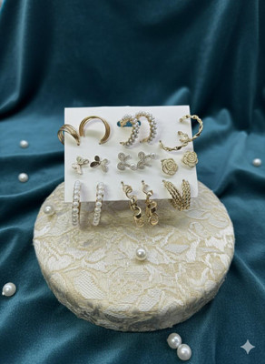 QUANTCOMM Combo of 9 Pairs of Gold Plated Elegant Pearl with Korean Design Earrings Pearl, Crystal Metal Stud Earring