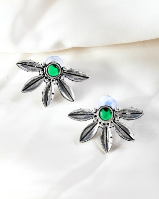 PYR Fashion Floral Stud Earrings, Oxidized Silver, Green Stone, Leaf Design For Women Emerald Alloy Stud Earring