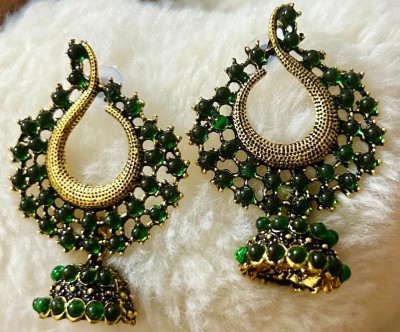 SAKETHAM GREEN STONE STUDDED SMALL JUMKI HANGING Alloy Jhumki Earring