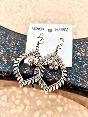Mayas Natural Products Women’s Antique Silver Leaf Drop Earrings with Bead Charm – Fashion Jewellery Alloy Drops & Danglers, Hoop Earring