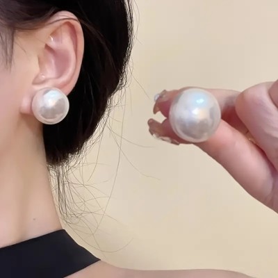 Creeknest Korean Style Big Cherry Plain Silver Pearl Stud Statement Earrings For Women Beads, Pearl Alloy, Acrylic Stud Earring