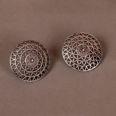 Sangria Silver Plated Antique Filigree Style Circle Shape Oxidized Earrings for Women Brass Stud Earring