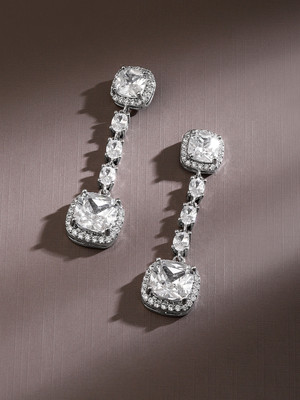 RUBANS Rubans Rhodium Plated Cushion Cut Cubic Zirconia Studded Drop Earrings Sparkle Zircon Brass Drops & Danglers