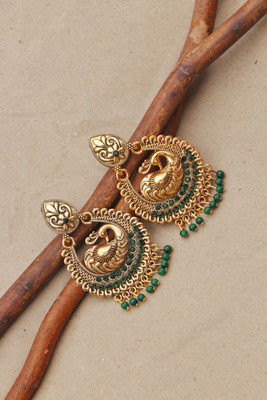 BUMBERELL Traditional Antique Peacock Design Green Stone Jhumka Earrings for Women & Girls Ruby Alloy Jhumki Earring