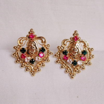 kurdekars divuu green white red stones fitted laxmi earrings stud Copper Stud Earring