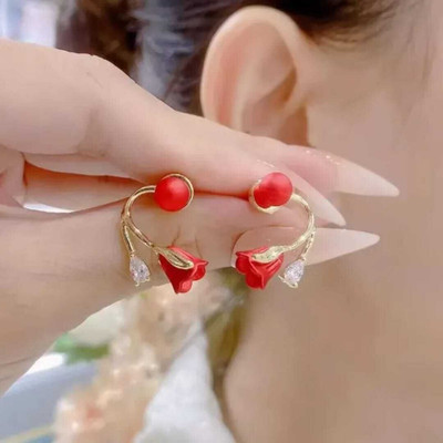 Tiso Red Tulip Korean Studd Earrings Quartz, Cubic Zirconia Alloy, Brass Cuff Earring, Earring Set, Huggie Earring, Rhinestone Studs, Stud Earring