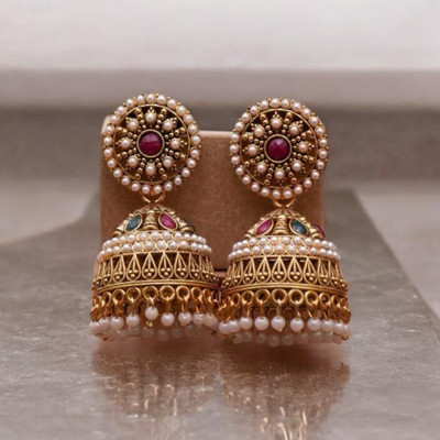 Peprika Pearl Drop Antique Gold Jhumka Earrings For Women and Girls Diamond Brass Drops & Danglers