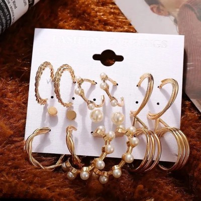 Vembley Gold Plated Gold-Toned Contemporary Hoop Earrings Set of 9 Alloy Hoop Earring