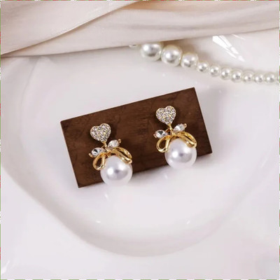 TVI Korean Studded Bow Heart Big Pearl Drop Earrings For Women/Girls Cubic Zirconia Alloy Stud Earring
