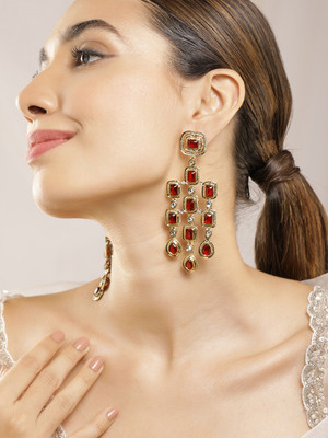 RUBANS Gold Plated Red Stone Studded Drop Earrings Alloy Drops & Danglers