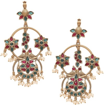 Oomph Matte Gold Jadau Ethnic Drop EarringsMoti Manik Peacock Design Beads, Crystal Alloy Drops & Danglers