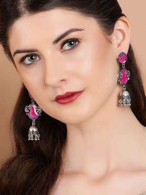 RUBANS Rubans Oxidized Silver-Plated Red Enamel Jhumka Earrings with Peacock Motif Brass Jhumki Earring