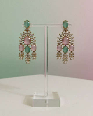 Hurera High Quality Gold Plated Long Drop Earrings with Pink & Green AD Stones | Cubic Zirconia Alloy Drops & Danglers