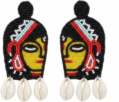 GHARANA BY ALISHYAANA Yellow & Black Beaded Drop Earrings – Abstract Face Art Jewelry for Women Fabric Stud Earring