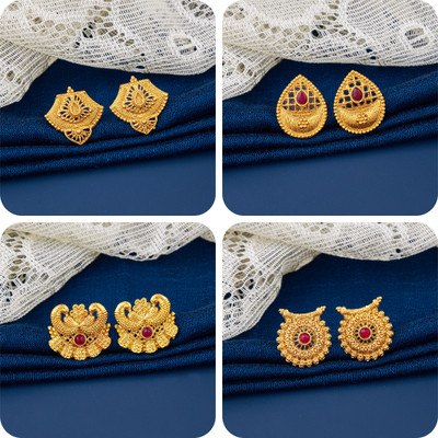 LaChoiceIt Pack of 4 Pair Traditional Gold Pleted Earring Collection Brass Earring Set