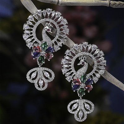 ZENEME Multi-Colour American Diamond studded Handcrafted Peacock Shaped Drop Earrings Cubic Zirconia Brass Drops & Danglers