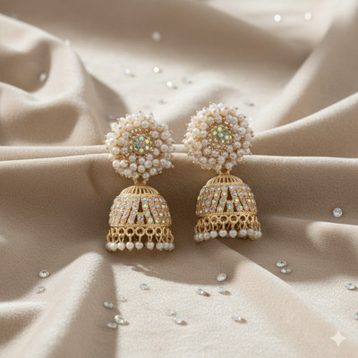 Shyneup Traditional Kundan & White Pearl Jhumka Earrings Gold-Toned Dangler Cubic Zirconia Alloy Jhumki Earring, Stud Earring