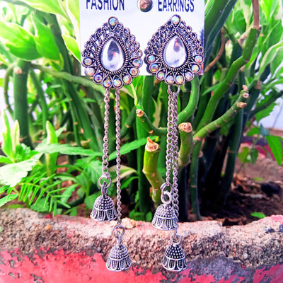 Akash jewel Oxidised Silver Long Chain Jhumka Earrings for Women & Girls Alloy Drops & Danglers