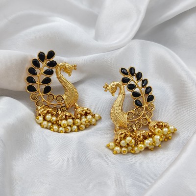 SAIIZEN Traditional Gold Pearl Peacock Kundan Jhumkas Diamond, Pearl Alloy Jhumki Earring
