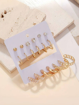 RARE ONE STUDIO Combo 9 Pair Stunning White Gold Plated Pearl Alloy AD Alloy Hoop Earring