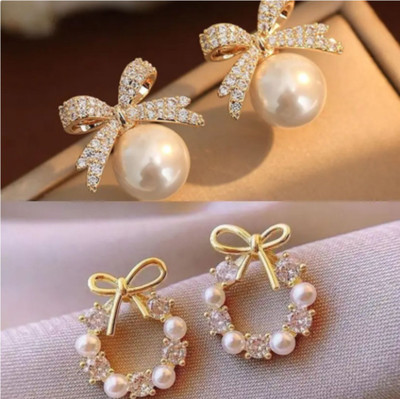 VIDIMO Bow Pearl & Wreath Earrings Combo Gold Plated Korean Designer Set Cubic Zirconia, Pearl, Agate, Zircon Alloy, Brass, Acrylic Stud Earring