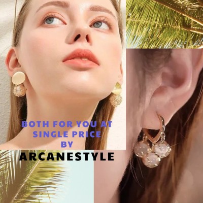 ARCANESTYLE 2 Pair Korean Style Gold Plated Rhinestone Stud and Dangler Earrings For Girls Pearl Alloy Earring Set