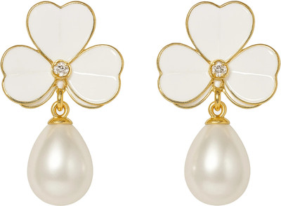 kailash creation Enamel Clover Leaf Drop Earrings with Faux Pearl for Women & Girls - Alloy Drops & Danglers