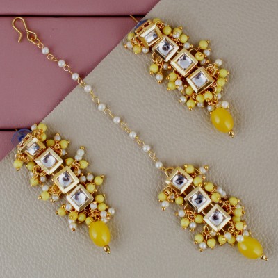 Lucky Jewellery Traditional Back Meena Gold Plated uncut kundan Yellow color Tika Earring set Beads Alloy Drops & Danglers