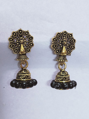 SRGems Peacock Motif Antique Brass Jhumka Earrings with Black Beads Earring For Women Brass Drops & Danglers