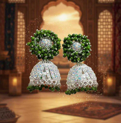 pas Unique green Beaded Stone Jhumka Earrings for girls & women for party wear Crystal, Beads Alloy Plug Earring, Jhumki Earring, Earring Set, Drops & Danglers