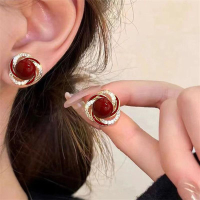 Glamshe Crimson Bloom Maroon Stone & Crystal Rose Stud Earrings for Girls & Women Pearl Alloy Stud Earring