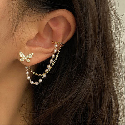 Nehdal Korean Pearl Chain Ear Cuff Butterfly Stud Earrings For Women/Girls Cubic Zirconia Alloy Cuff Earring