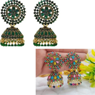 Fashion Theme Green Jhumka Multicolor Jhumka Wedding Earrings for Women and Girls Pack of 2 Beads, Pearl Alloy Jhumki Earring