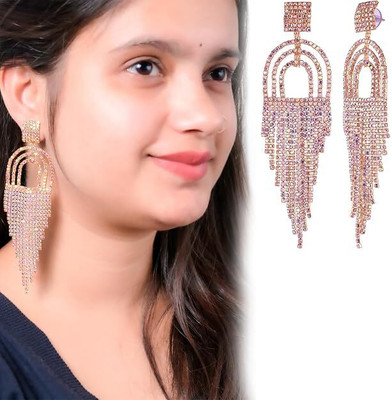 THANU'S CRAFT Rose Gold Plated Stud Dangler Rhine stone Hanging Drop Sparkle Fringe Tassel Crystal Metal Stud Earring