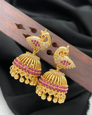 PBM CREATIONS GOLD PLATED AD STONE WEDDING JHUMKI / PEARL STUD / KUNDAN BEADS EARRING Copper Drops & Danglers, Jhumki Earring
