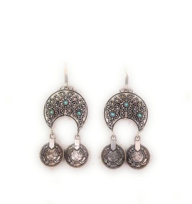 Preet Art Jewellery Antique German silver Plated Oxidised blue Crystal Long Coin Motif Earrings Crystal German Silver, Crystal Drops & Danglers